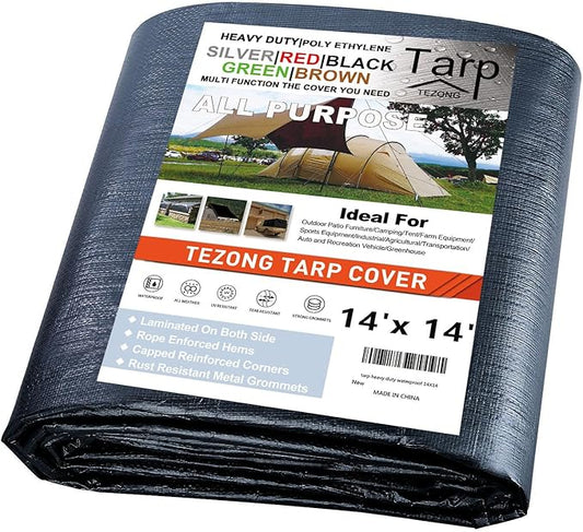 TEZONG Tarps Heavy Duty Waterproof 14x14ft,Black Plastic Tarps Large Multipurpose Outdoor Tarp Cover Thick Poly Tarpaulin 16MIL for Emergency Rain or Sun, Roof, Patio Furniture, Firewood, Canopy
