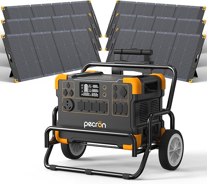 pecron Power Station E2000LFP with 6x200W Solar Panels Trolley Kit, Expandable to 4992Wh Portable Power Station, 5X2000W AC Outlets, LiFePO4 Battery Backup Expandable for Home Use, Camping, RV