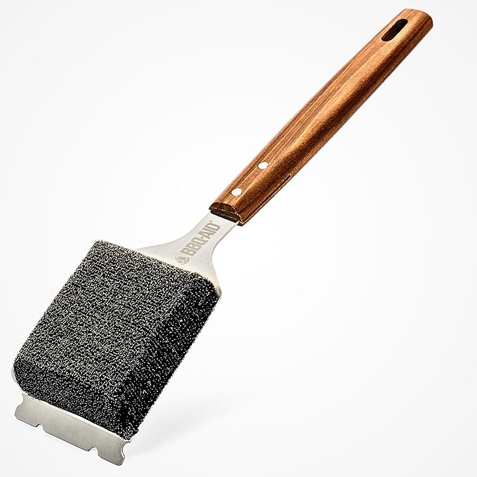 BBQ-AID Bristle Free Grill Brush and Scraper for Barbecue - Extended Large Wooden Handle With Replaceable Head - No Scratch BBQ Cleaning Accessories for Outdoor Grills