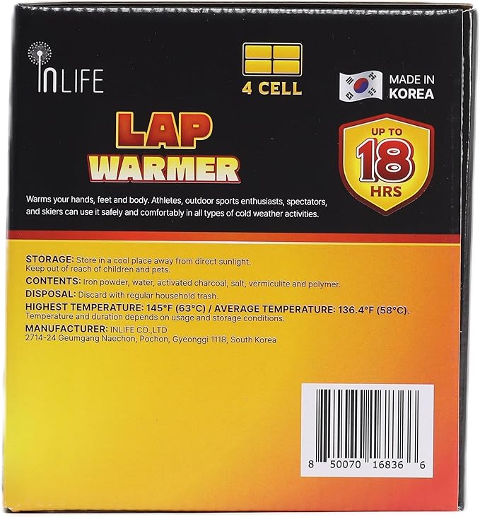 InLife Super Warmer for Lap and Body, All Natural & Safe, Bigger & Wider Area Covered, Higher Heating 145°F, Air Activated, Easy & Comfort, Steady Longer Lasting, Odorless, 10 Packs