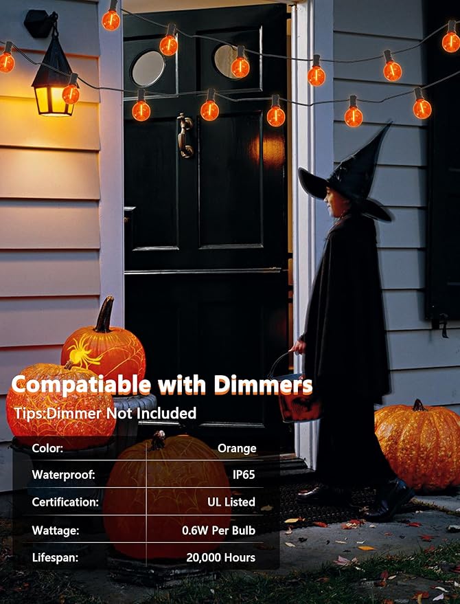 SUNSGNE G40 LED Orange Halloween String Lights Outdoor, 25 Feet Orange String Lights with 25 Count Bulbs for Halloween Thanksgiving Indoor Outdoor Party Festival Haunted House Decor
