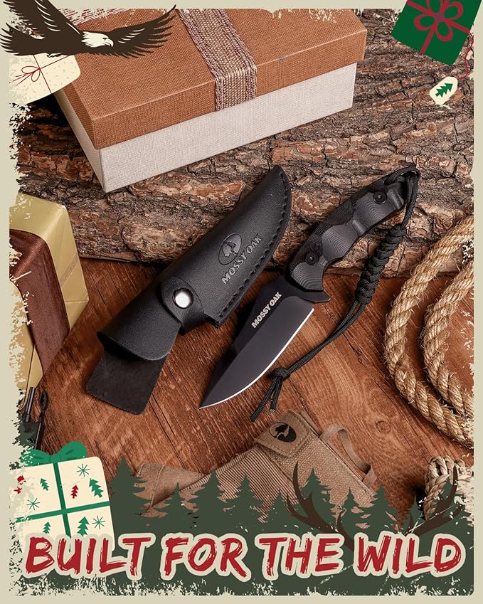Mossy Oak 9" Fixed Blade Hunting Knife with Sheath, 14C28N Full Tang, G10 Handle Outdoor Knife for Survival, Camping, Hiking(Black)
