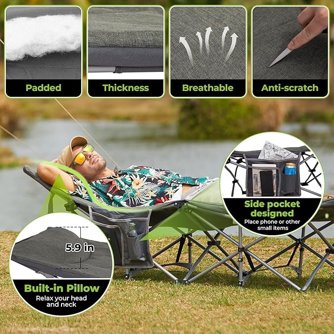 FUNDANGO Camping Cot for Adults, Padded Camp Cots for Sleeping Portable Camping Bed for Outdoor Travel Folding Cot Heavy Duty with Carry Bag, Gray
