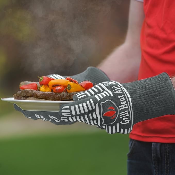 GRILL HEAT AID BBQ Grill Gloves Heat Proof for Grilling โ Fireproof 1472ยฐF Heat-Resistant Grill Mitts for Outdoor Barbecue and Smoker, Campfire, Fire Pit, Oven Glove with Fingers for Baking Pizza