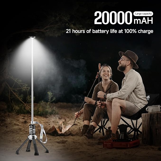 Rechargeable Work Light with Stand, 20000mah & 21h Runtime Light Tower,6500k 3 Modes Portable Power Supply, Magnetic Tent Lamps Perfect Outdoor Work Lighting for Hiking, Camping, Home Emergency.