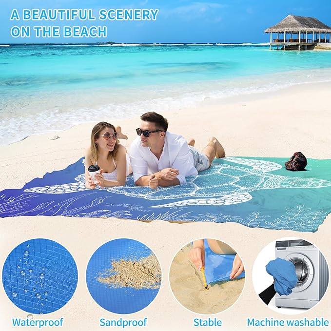 BYDOLL Beach Blanket Waterproof Sandproof 78''ร81'' Suits1-4 Adults Compact Lightweight Oversized Sand-Free Blanket Large Picnic Mat for Beach Travel Camping Hiking