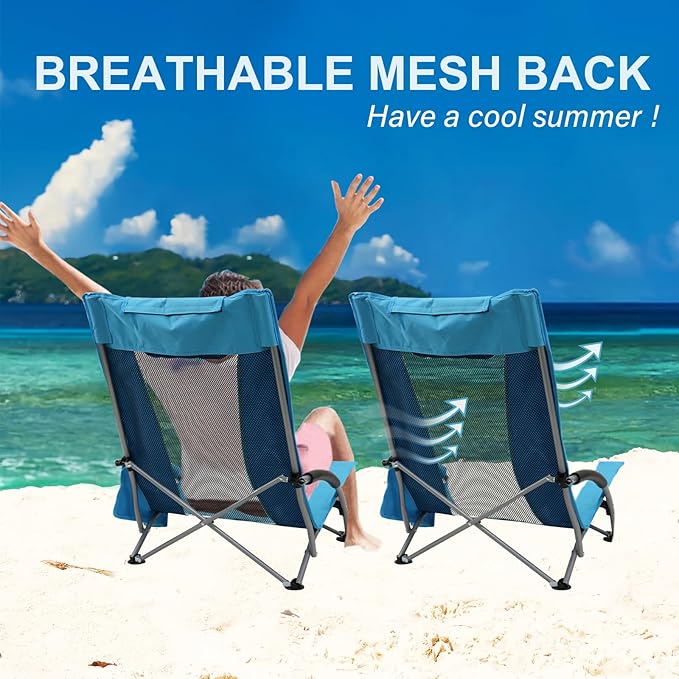 ptlsy Beach Chairs for Adults 2 Pack, High Back Folding Beach Chairs, Lightweight and Portable for Outdoor, Beach, Camping, Lawn, Music Festival, with Cup Holder