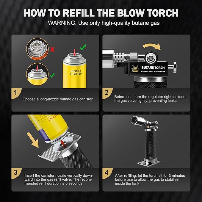 RAVS Butane Torch Lighter, Refillable Butane Kitchen Torch with Safety Lock and Adjustable Flame, Creme Brulee Torch for Baking, BBQ, Blow Torch for Cooking, Black, Butane Gas Not Included