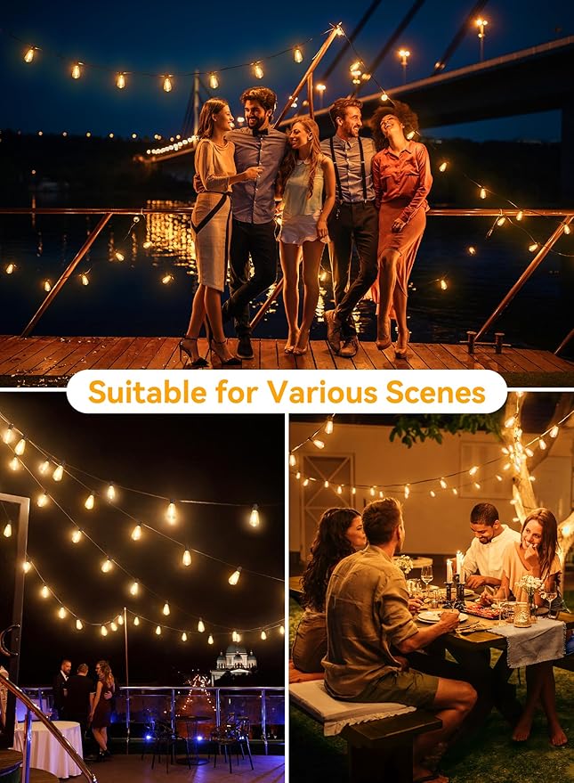 Ollny 50+2 LEDs ST38 Solar String Lights, 100 FT USB & Solar Dual Charging Outdoor String Lights, 3 Modes 5 Timers 10 Brightness 2200K Waterproof Patio Lights for Porch Garden Market Bistro Camping