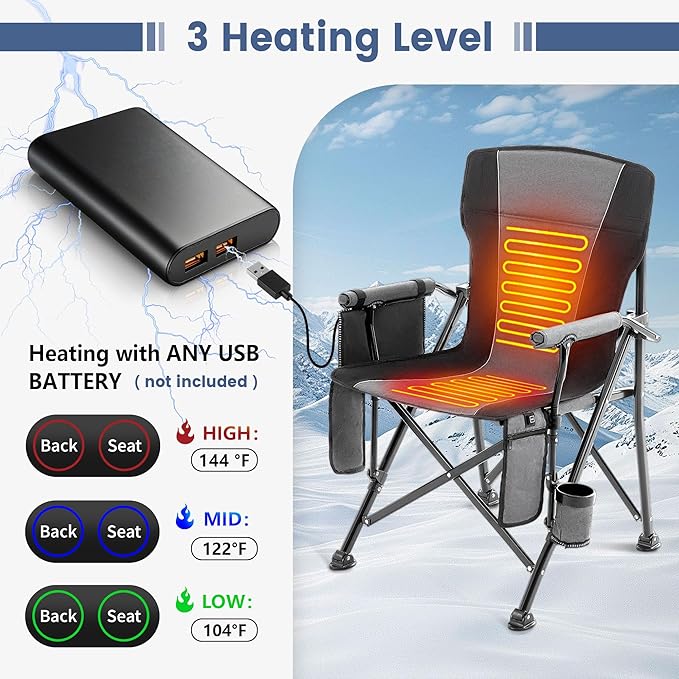 Lamberia Camping Chairs, Portable Heated Folding Chairs for Outdoor Sports, Heavy Duty Lawn Chairs for Adults Support 400lbs, Heated Camp Chair with Cup Holder,Grey(2 Battery Pack Required)