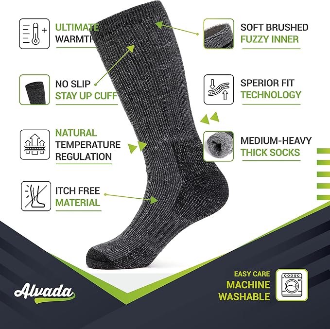 Alvada Mens Merino Wool Crew Socks Thermal and Warm Socks for Winter Work Hiking Running 3 Pairs