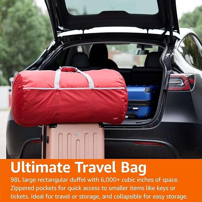 Amazon Essentials 32.4" Extra Large Foldable Nylon Duffel Bag for Travel/Storage with Zippered Pockets, 9254 Cubic Inch (150L), 50-LBS Capacity, Red (Previously Amazon Basics)