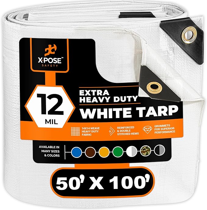 Heavy Duty White Poly Tarp 50' X 100' - Multipurpose Protective Cover - Durable, Waterproof, Weather Proof, Rip and Tear Resistant - Extra Thick 12 Mil Polyethylene - by Xpose Safety