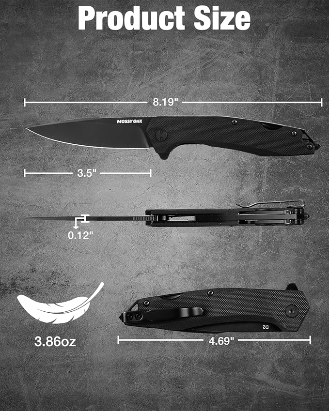 MOSSY OAK Folding Pocket Knife with Clip, 3.5" D2 Steel Blade G10 Handle, Small EDC Knife with Glass Breaker, Rope Cutter, Bottle Opener, Screwdrivers for Camping, Survival, Hiking, Outdoor Use