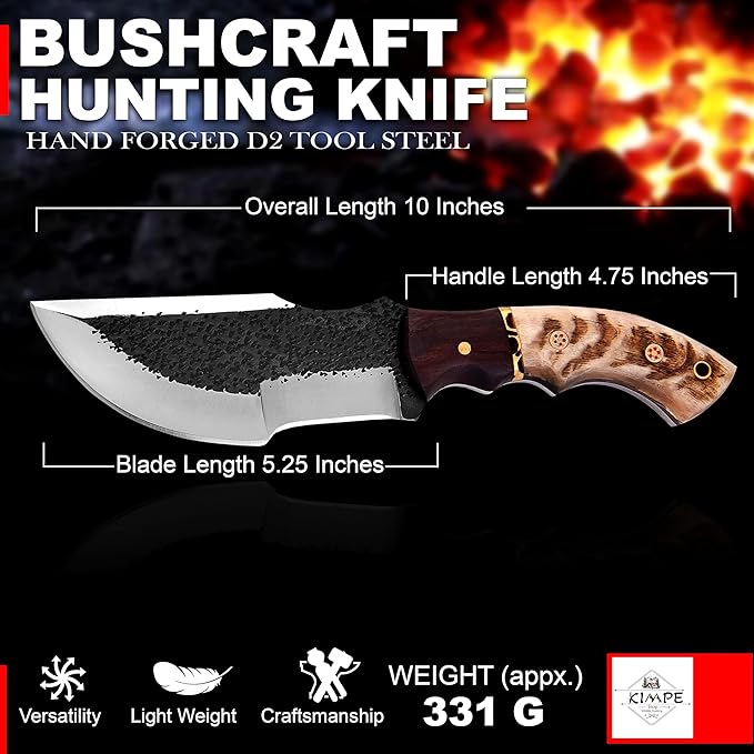 KIMPE 10" Handmade D2 Steel Tracker Knife-Survival & Hunting Knife with Holster-Full Tang Fixed Blade Knive with Ram Horn Handle-Knives for men.(D2 Ram Horn)