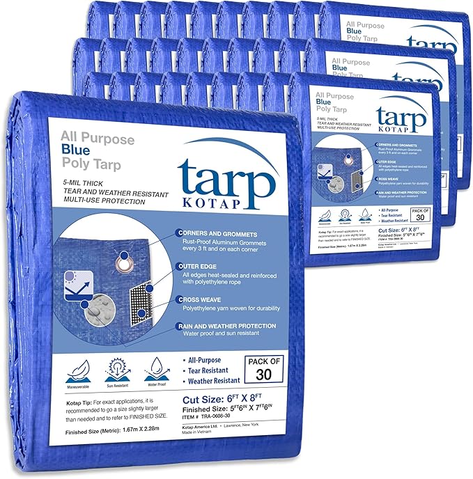Kotap 6 x 8 Ft. All-Purpose Multi-Use Protection/Coverage 5-mil Poly Tarp, Waterproof, Blue, 30-Pack (TRA-0608-30)