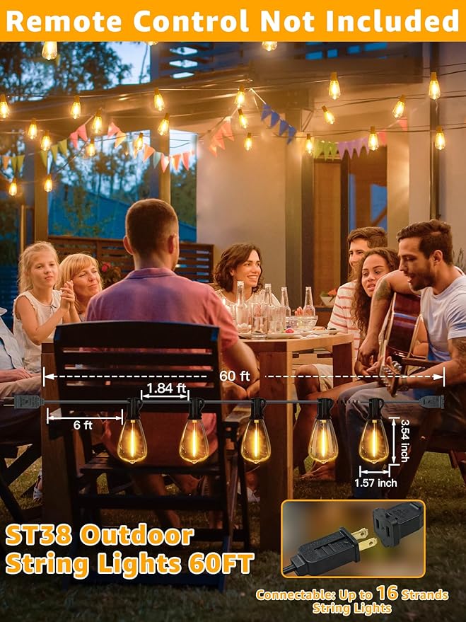 Outdoor String Lights 60FT, IP45 Waterproof ST38 Outdoor Lights with Shatterproof Bulbs (2 Spare Bulbs), 2200K Energy Saving and Connectable Patio Light for Balcony Yard Party Wedding