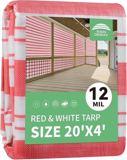 RAINDEWAY Tarps 4x20 Feet,12 Mil Sunshade Striped Tarp Waterproof,Multipurpose Poly Tarp Cover with Grommets and Reinforced Edges,Red/White Tarps