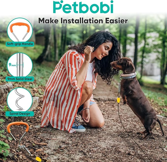 Petbobi Dog Tie-Out Cable and Stake - 20ft Heavy Duty Cable with Spring, No Tangle, 16in Ground Stake, Ideal for Yard, Camping and Beach, Suitable for Small Medium Large Dogs Up to 120 lbs, Black