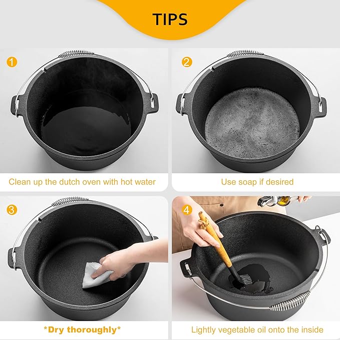 Velaze 10QT Camping Dutch Oven, Pre-Seasoned Cast Iron Camp Dutch Oven Pot with Lid, for Use in the Oven, on the Stove, Grill, or over the Campfire - Metal Handle, Lid Lifter, and Stand Support