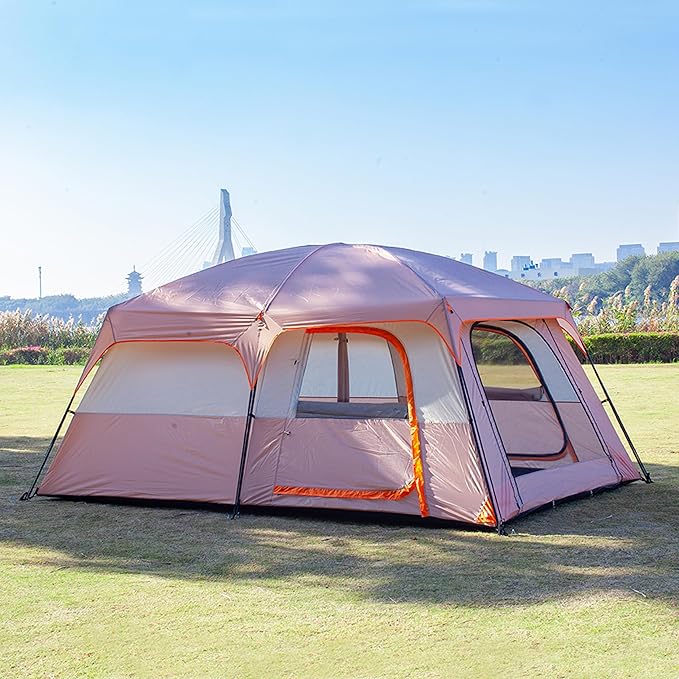 KTT Extra Large Tent 6-10-12-14 Person(A),Family Cabin Tents,2 Rooms,3 Doors and 3 Windows with Mesh,Straight Wall,Waterproof,Double Layer,Big Tent for Outdoor,Picnic,Camping,Family Gathering