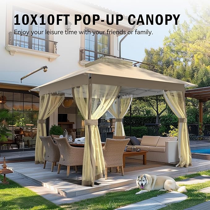 Outdoor Pop Up Gazebo 10x10 - Instant Canopy Tent with Mosquito Nettings, Double Roof Vented Gazebo Tents Shelter for Backyard Shade Party Garden Lawns (Beige, 10x10)
