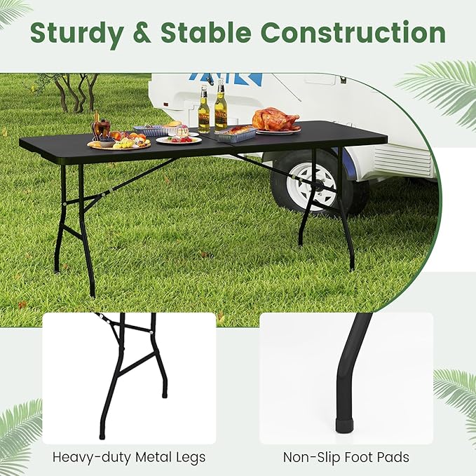 GYMAX 6FT Folding Table, Portable Lightweight Camping Table with Carry Handle, Easy Fold Up Rectangle Indoor/Outdoor Collapsible Table for Camp, Picnic, BBQ, Patio (Black (No Umbrella Hole))