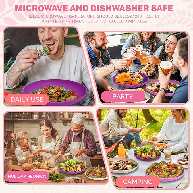 Homienly Dessert Plates, Premium Wheat Straw Plate Set, 9 Inch Plastic Plate Reusable - Microwave & Dishwasher Safe Plates for Party, Camping, RV, 4 PCS, Kitchen Essentials, Unbreakable - Flower Color