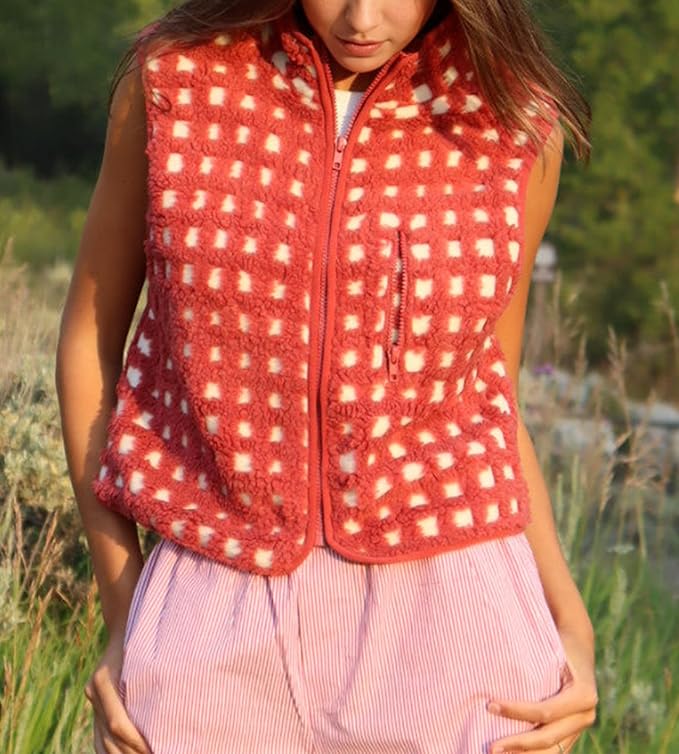 Colorful world Womens Checkered Sherpa Vest Fleece Jacket Lightweight Zip Up Sleeveless Crochet Plaid Gilet with Pocket