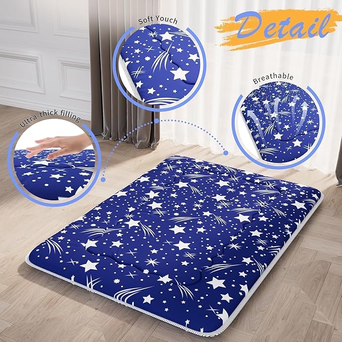 Japanese Futon Mattress, Foldable Tatami Mat Portable Dormitory Sleeping Pad with Bag & Strap, Floor Thicken Sleeping Roll up Camping Mattress (Blue WS1, 48"X80")
