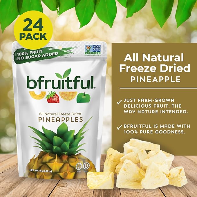 bfruitful Freeze-Dried Pineapple, Freeze Dried Fresh Fruit Bites, Gluten Free, Vegan, Dairy Free, Kosher, No Sugar Added, Non GMO, Healthy Snacks for Kids or Adults, 0.56 oz Single-Serve Snack Packets, 24 Pack