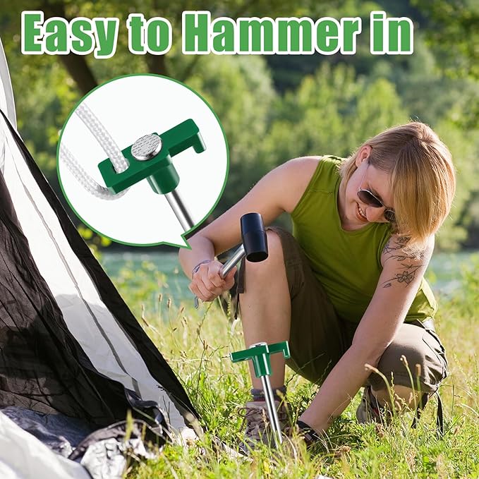 20 Pcs Metal Tent Stakes Heavy Duty,10 inch Camping Stakes Tent Pegs with 4x10ft Ropes,Galvanized Non-Rust Camping Tent Stakes,Pop Up Canopy Stakes,Tent Spikes for Outdoor Camping,Green