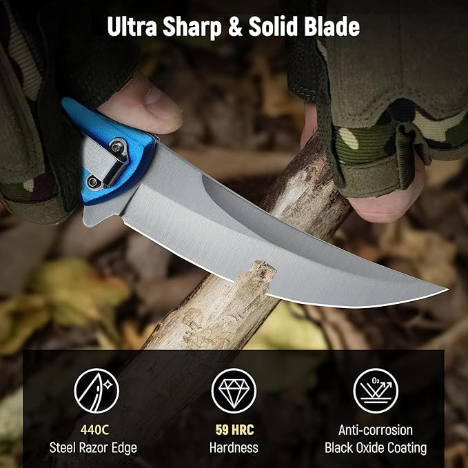 Tactical Folding Knife with upswept 440C High Carbon Stainless Steel Blade, Blue Aluminum Handle, with Deep Carry Pocket Clip, Outdoor EDC Knife for Camping, Hiking, Fishing