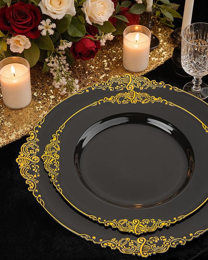 Nervure 175PCS Black Plastic Plates - Disposable Black Gold Party Plates & Pre Rolled Napkins with Cutlery for 25 Guests, 50Plates, 75Silverware, 25Cups, 25Napkin for Wedding & Party & Halloween