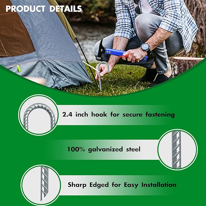 Eurmax USA Trampolines Stakes Heavy Duty Ground Stakes Canopy Parts Wind Stake with Rope 12 Inch Heavy Duty Stake Safety Ground Anchor Galvanized Steel J Shaped, Pack of 4(Gray)