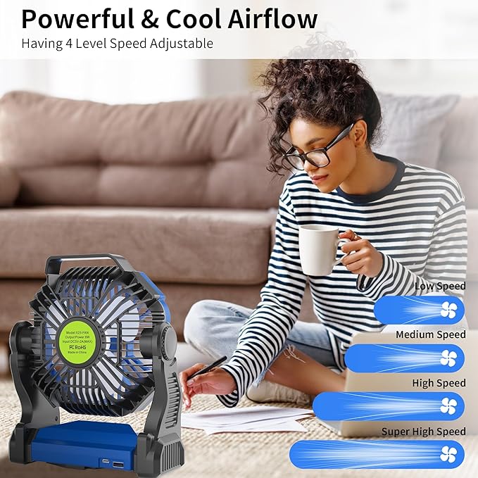 Portable Fan Rechargeable๏ผ270ยฐ Rotating Portable Cordless Battery Powered Camping Fan Rechargeable, USB Desk Personal Outdoor Camping Fans for Tents,Travel X23 Blue