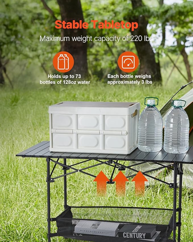 VEVOR Folding Camping Table, Adjustable Height Portable Side Tables, Aluminum MDF Beach Table with Mesh Layer, Carrying Handle, Lightweight Compact for Outdoor Picnic BBQ Cooking (45inch-Black)