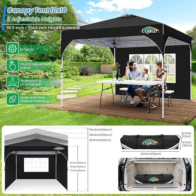 COBIZI 10x10 Pop Up Canopy Tent with 3 Removable Sidewalls & Air Vent | Waterproof Instant Setup 90s, Commercial-Grade Gazebo Tent for Camping/BBQ/Events | Includes Sandbags, Stakes & Ropes (Black)