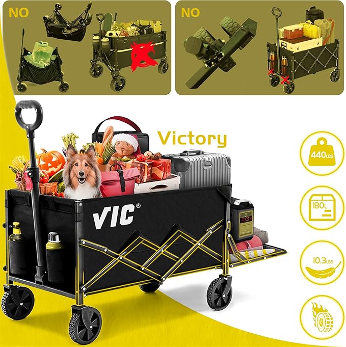 VIC Collapsible Folding Wagon Extra Long Extender Wagon Cart,Beach Wagons Cart Heavy Duty Foldable, Utility Grocery Car with Side Pocket for Camping Garden Sports, V1