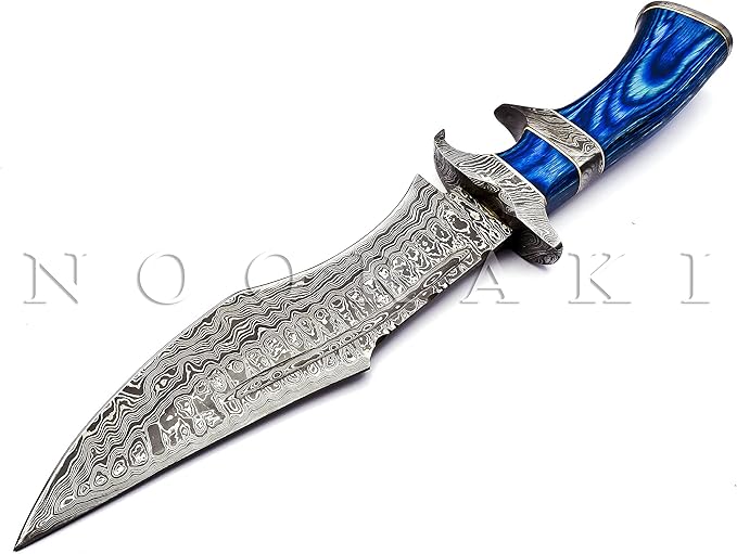 NOORAKI - 15″ Damascus Bowie Knife with Sheath | Hand Made Hunting Knife - Fixed Blade Long Bowie Knives - Ideal for Survival ,Chopping, Camping, Outdoor Gift for Men |Tactical Knife Wood Handle (Blue)