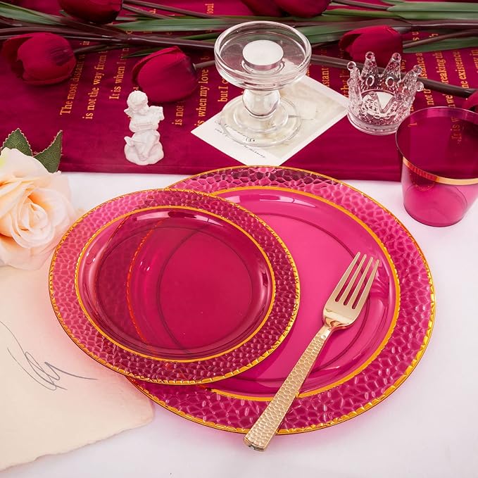 Ciaell 150PCS Clear Red Plastic Plates - Disposable Red and Gold Plates Set include 50Plates, 25Forks, 25Knives, 25Spoons, 25Cups for Wedding & Party & Christmas