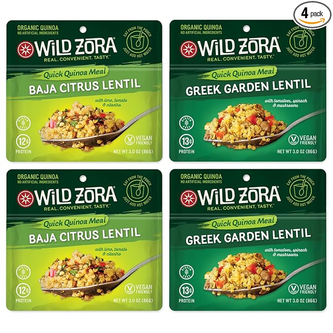 Wild Zora Instant Organic Quinoa Meals - Quick & Tasty Prepared Quinoa Bowls, Pantry Staples Gluten-Free Meal with Lentils Plus 10g Olive Oil Packet - Vegan Variety Sampler (4-Pack)