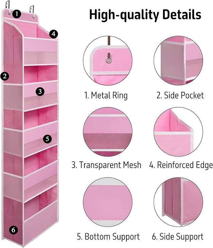 Over Door Organizer with 5 Large Pockets, Heavy Duty Hanging Organizer Storage, Closet Bathroom Nursery Bedroom Dorm, Toys Cosmetics Sundries and Baby Essentials, Pink