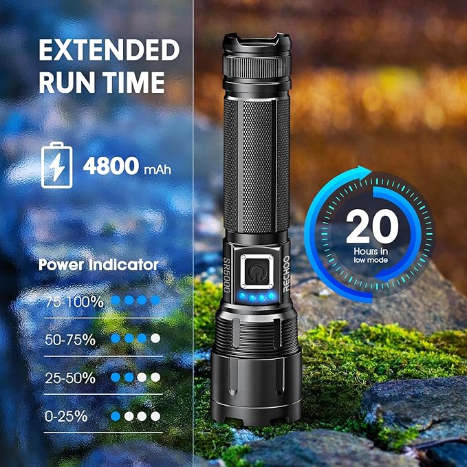 RECHOO Rechargeable Flashlights High Lumens, 1000 Lumens Tactical Flashlights, Super Bright LED Flashlight with 5 Mode & Zoomable, IP65 Waterproof Flash Light for Camping, Hiking, Emergency, Home