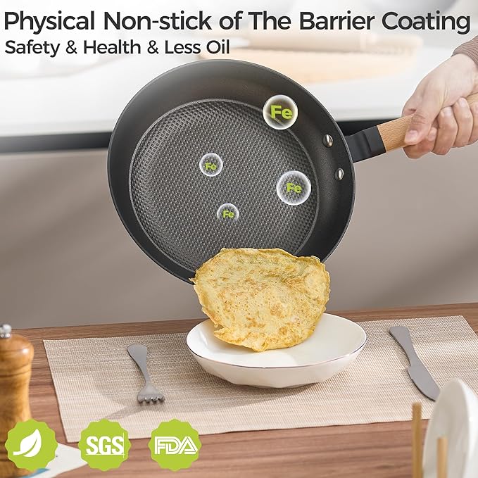 YUTANN 12 Inch Non-stick Frying Pan,Pre-seasoned Cast Iron Skillet with Detachable Wooden Handle,Lightweight,Dishwasher Oven Safe (500°F)