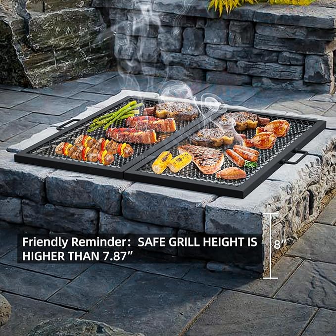 only fire Foldable X-Marks Fire Pit Cooking Grate, Portable Campfire BBQ Grill for Outdoor, Square Heavy Duty Steel Campfire Grill Grate with Handles, 36 inch