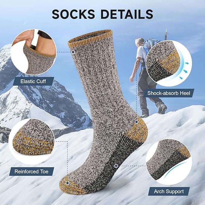 BESTENA Merino Wool Hiking Socks for Men 5 Pairs Thermal Warm Winter Thick Cushion Moisture Wicking Crew Boot Socks