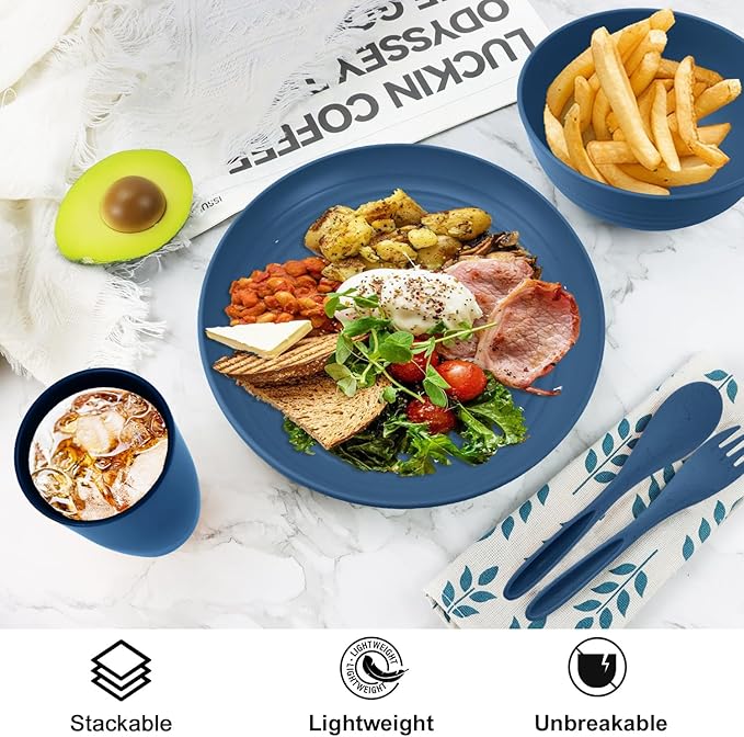 Wheat Straw Dinnerware Sets 20 PCS, Unbreakable Kid Plates and Bowls Sets, Alternative to Plastic Dishes Set for 4, Dinner Plates, Drinking Glasses for Camping, College, Dorm (Blue)
