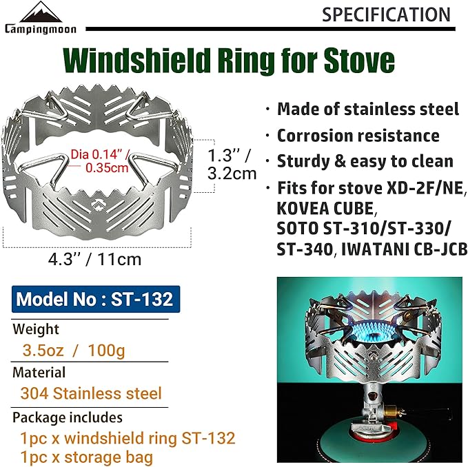 CAMPINGMOON Gas Stove Windshield Ring Stainless Steel for ST-340 Single Burner ST-132 (Silver)