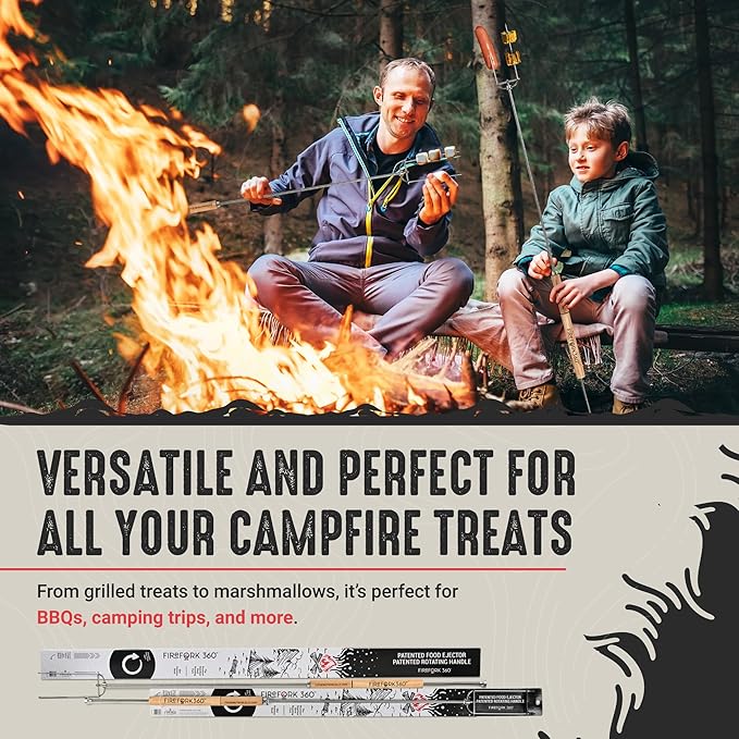 Extra Long Cooking Fork with Patented Rotating Handle and Food Ejector. Stainless Steel Camping Forks for Fire Pit, BBQ, Campfire Marshmallow Roasting Sticks, Hot Dogs, S'mores